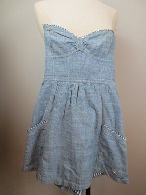 Vintage Abercrombie & Fitch Blue Strapless Babydoll Mini Dress Chambray Pockets